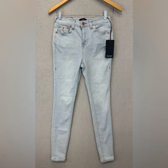 NWT True Religion Halle Jeans Women 26 High Rise Super Skinny Pink Stitching - Picture 2 of 12